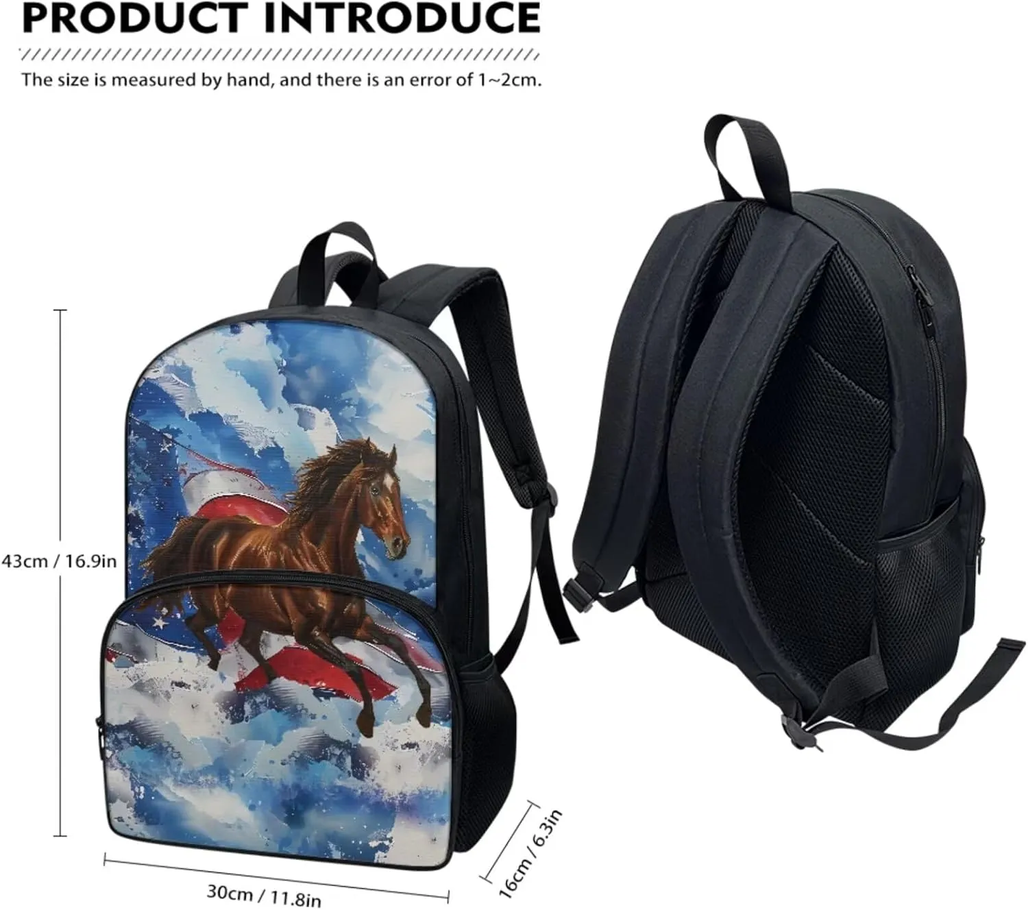 Xoenoiee American Flag and Horse Pattern Backpack Set with 17in Backpack Lunch Bag & Pencil Case, Schoolbag Sets for Boy Girl Students for School Travel Picnic