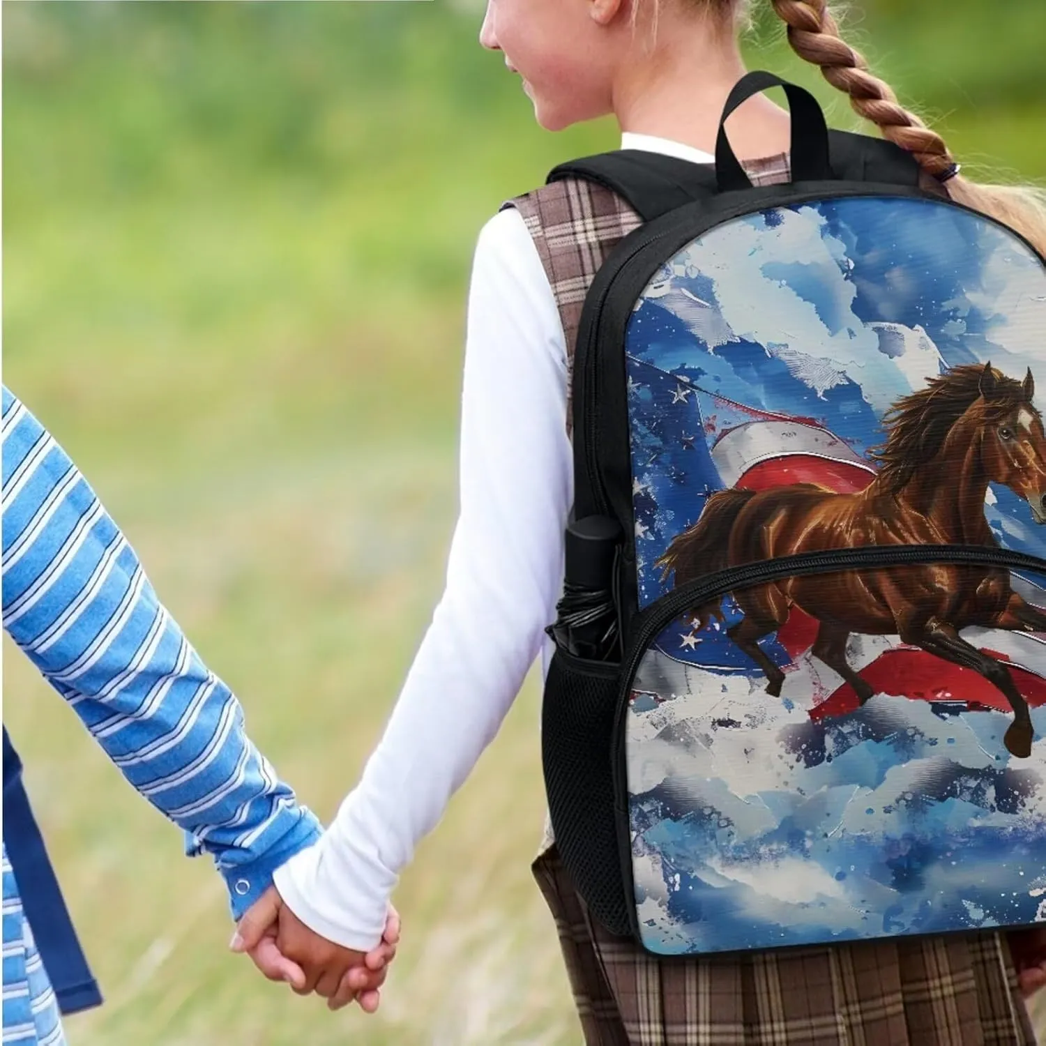 Xoenoiee American Flag and Horse Pattern Backpack Set with 17in Backpack Lunch Bag & Pencil Case, Schoolbag Sets for Boy Girl Students for School Travel Picnic