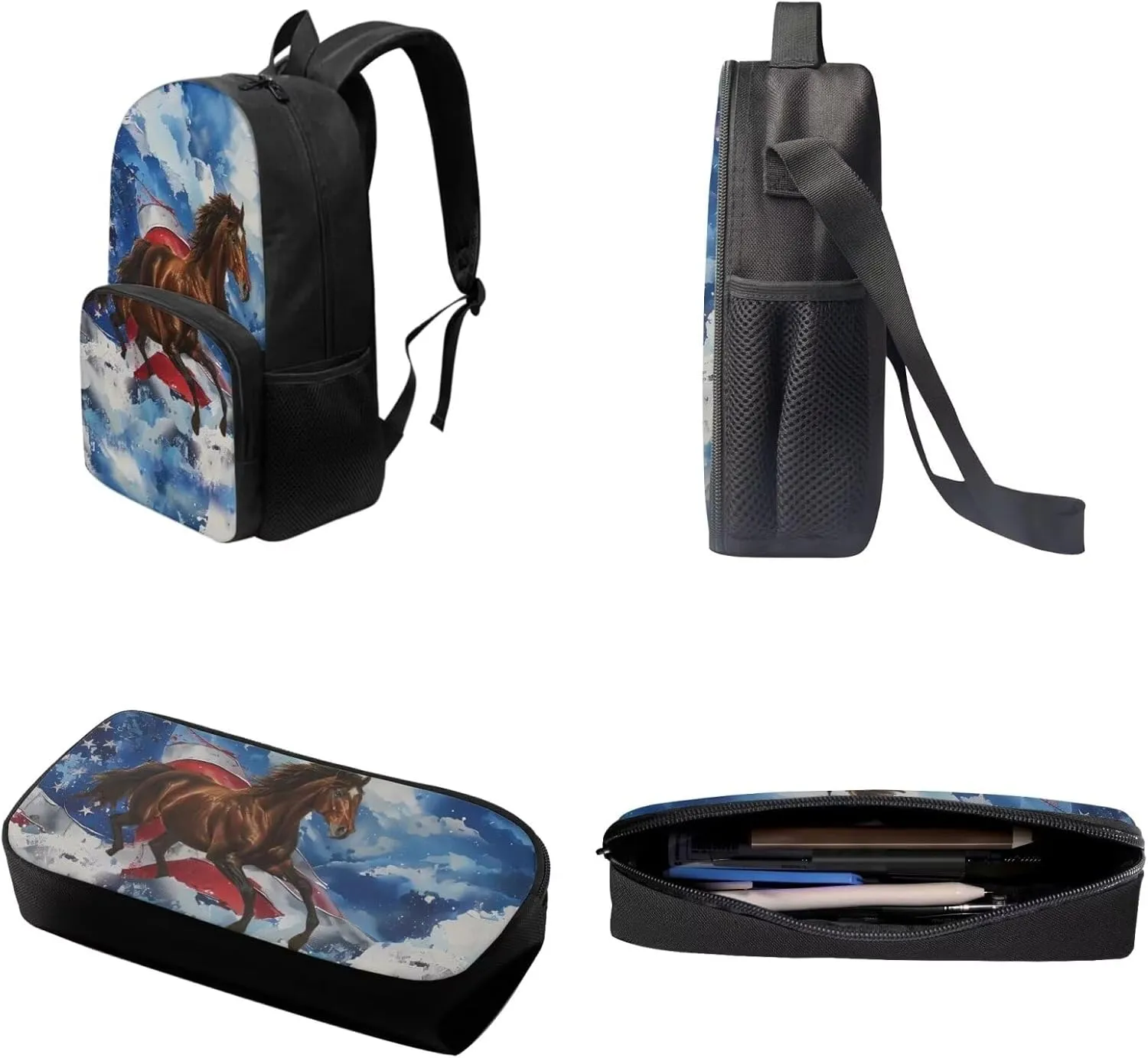 Xoenoiee American Flag and Horse Pattern Backpack Set with 17in Backpack Lunch Bag & Pencil Case, Schoolbag Sets for Boy Girl Students for School Travel Picnic