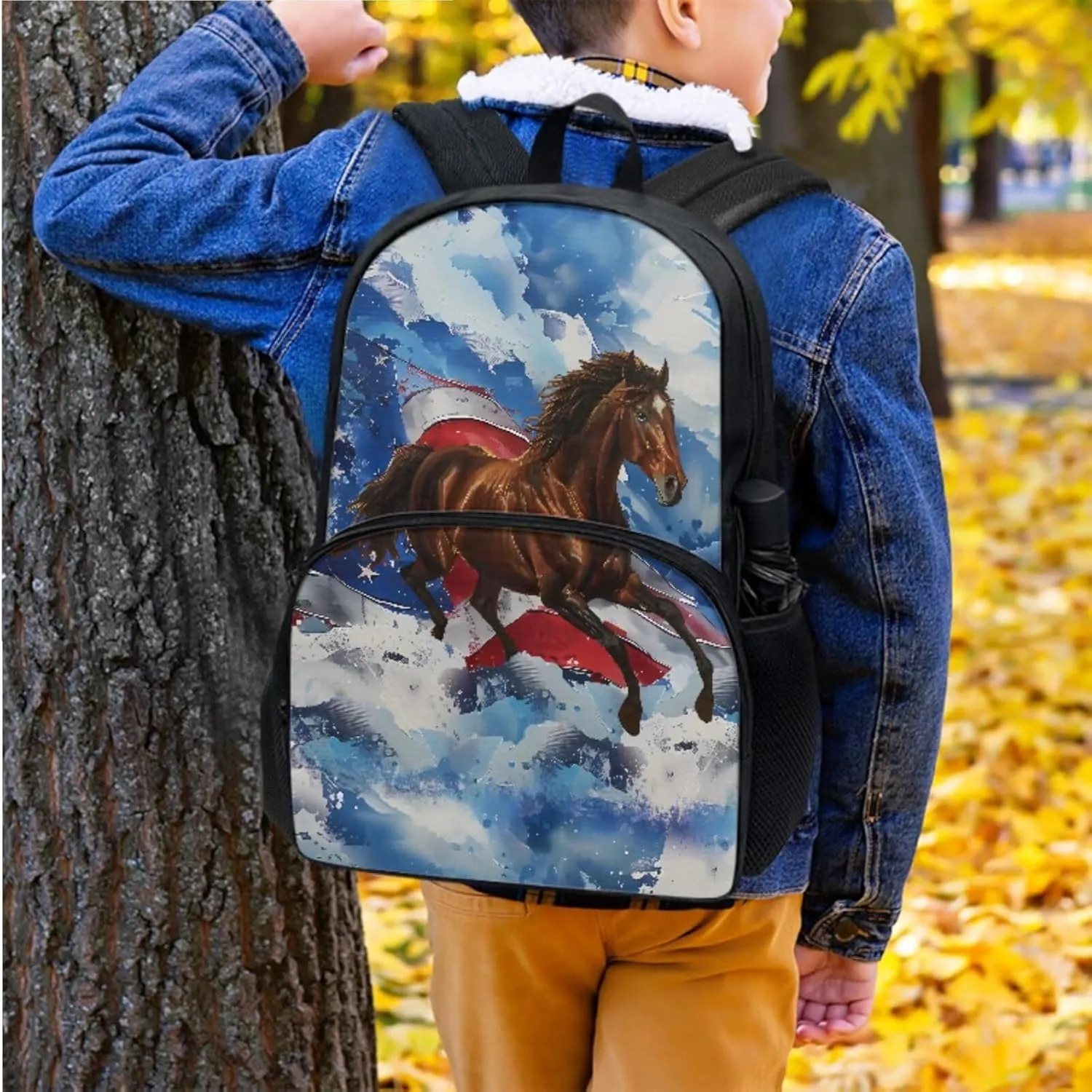Xoenoiee American Flag and Horse Pattern Backpack Set with 17in Backpack Lunch Bag & Pencil Case, Schoolbag Sets for Boy Girl Students for School Travel Picnic
