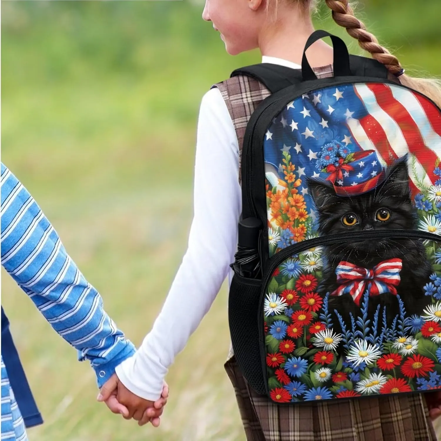 Xoenoiee Black Cat Floral Flag Print Backpack Set with 17in Backpack Lunch Bag & Pencil Case, Schoolbag Sets for Boy Girl Students for School Travel Picnic