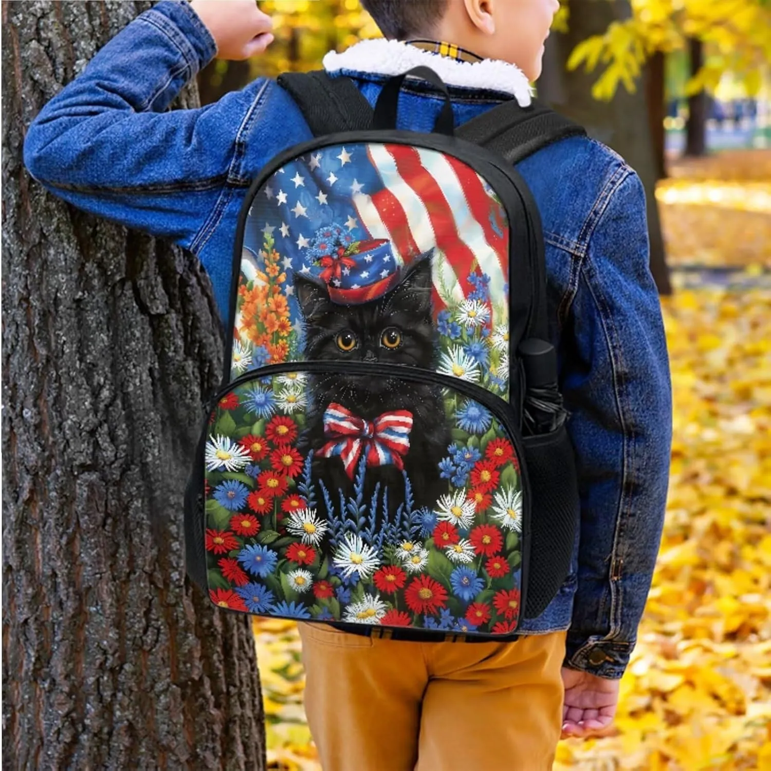 Xoenoiee Black Cat Floral Flag Print Backpack Set with 17in Backpack Lunch Bag & Pencil Case, Schoolbag Sets for Boy Girl Students for School Travel Picnic