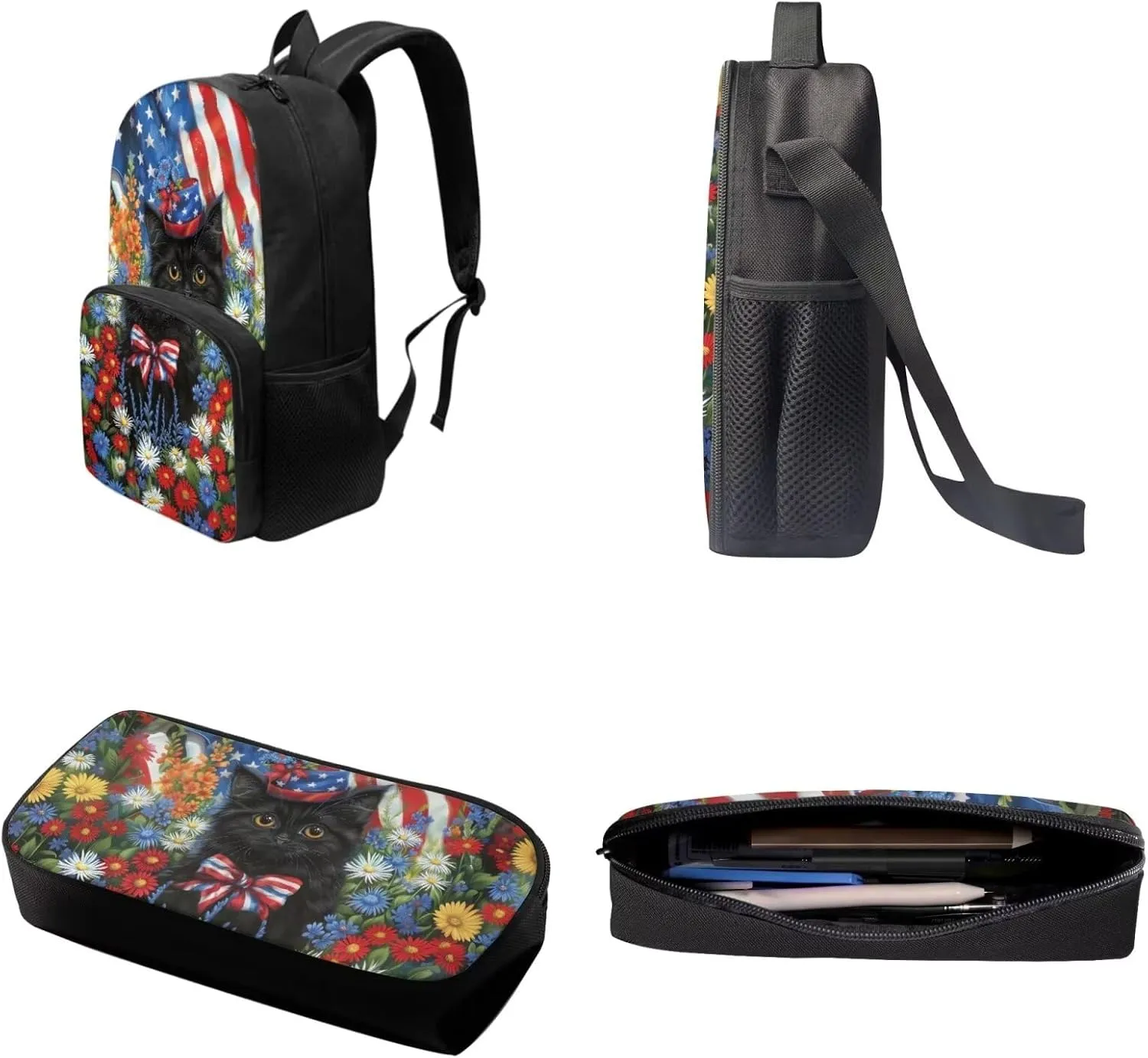 Xoenoiee Black Cat Floral Flag Print Backpack Set with 17in Backpack Lunch Bag & Pencil Case, Schoolbag Sets for Boy Girl Students for School Travel Picnic