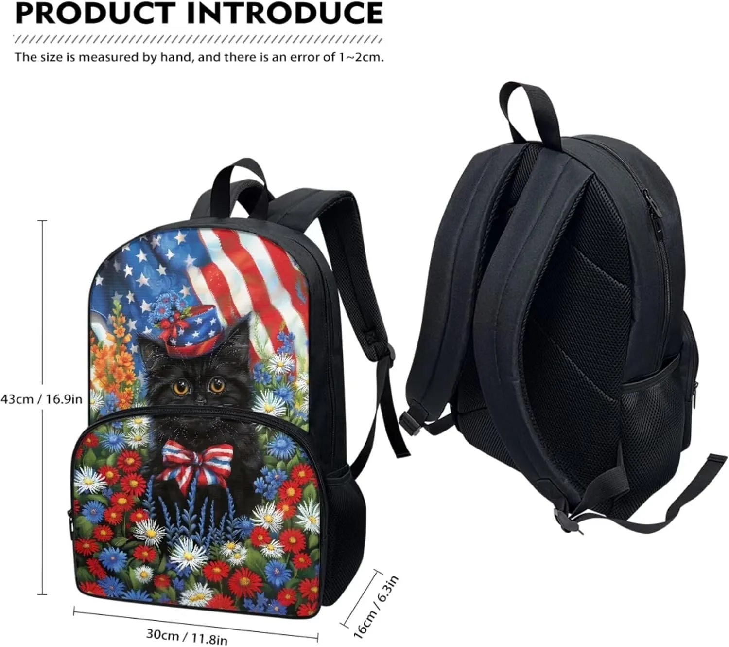 Xoenoiee Black Cat Floral Flag Print Backpack Set with 17in Backpack Lunch Bag & Pencil Case, Schoolbag Sets for Boy Girl Students for School Travel Picnic