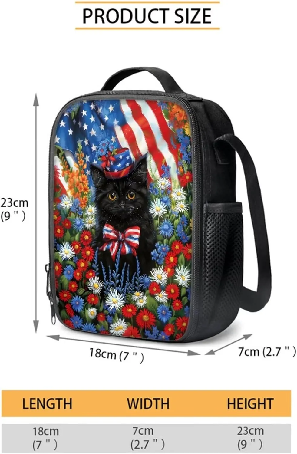 Xoenoiee Black Cat Floral Flag Print Backpack Set with 17in Backpack Lunch Bag & Pencil Case, Schoolbag Sets for Boy Girl Students for School Travel Picnic