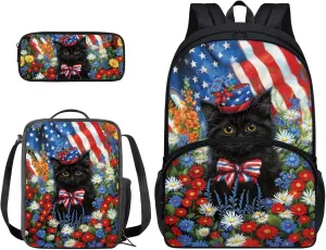 Xoenoiee Black Cat Floral Flag Print Backpack Set with 17in Backpack Lunch Bag & Pencil Case, Schoolbag Sets for Boy Girl Students for School Travel Picnic