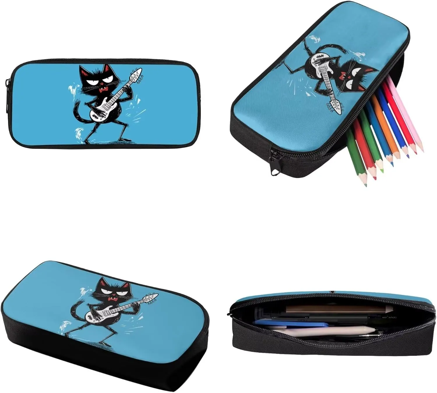 Xoenoiee Black Cat Guitar Pattern Backpack Set 3 Pieces Large Capacity Teen Boys 17in-School Backpack Lunch Bag Pencil Bag for Students Back to School