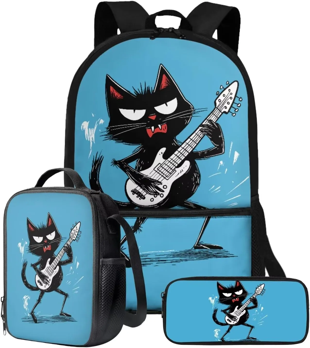 Xoenoiee Black Cat Guitar Pattern Backpack Set 3 Pieces Large Capacity Teen Boys 17in-School Backpack Lunch Bag Pencil Bag for Students Back to School