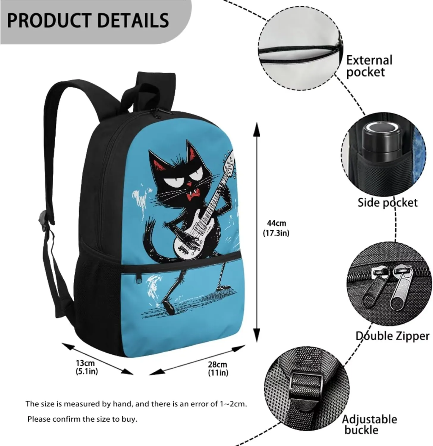 Xoenoiee Black Cat Guitar Pattern Backpack Set 3 Pieces Large Capacity Teen Boys 17in-School Backpack Lunch Bag Pencil Bag for Students Back to School