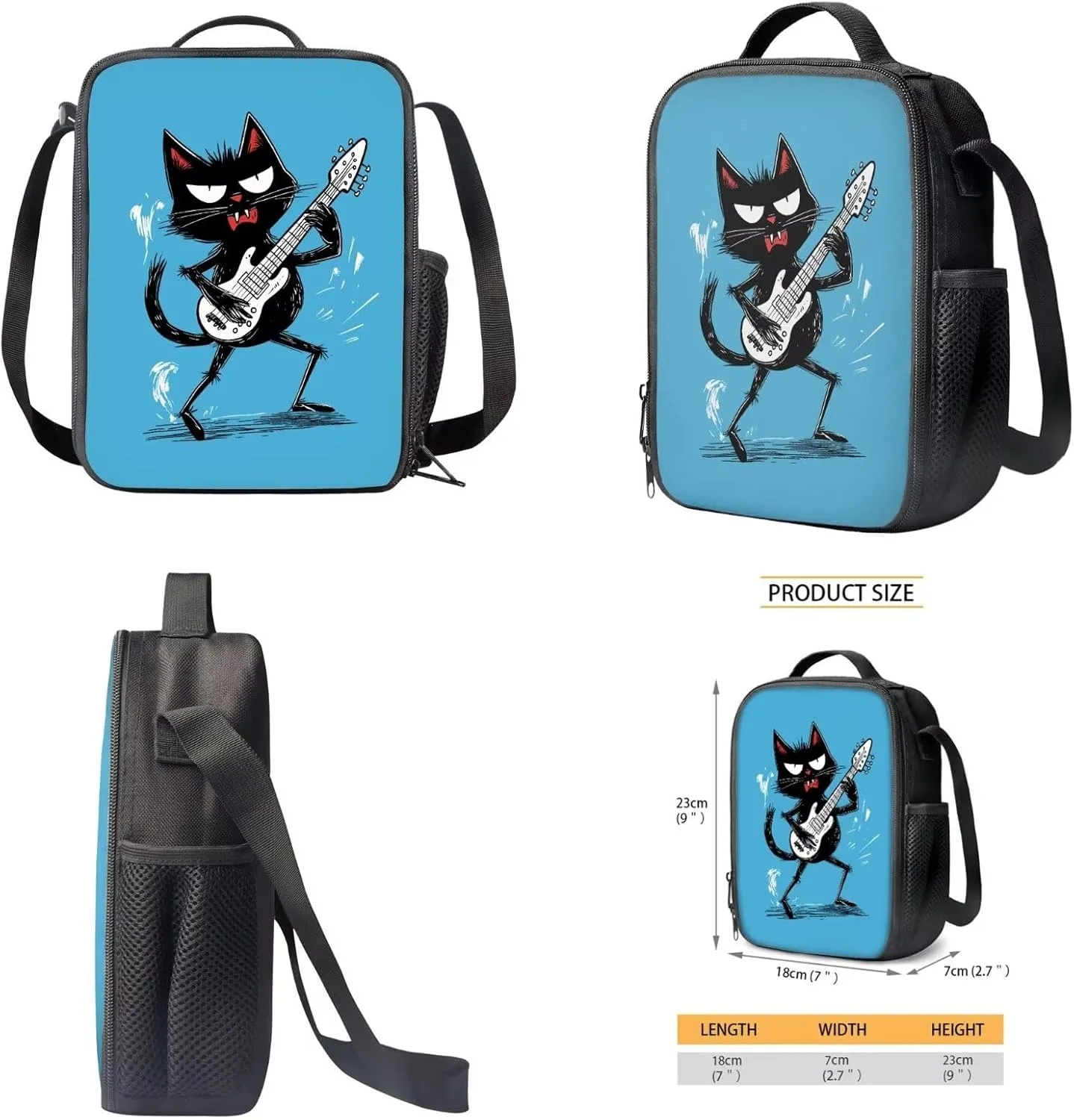 Xoenoiee Black Cat Guitar Pattern Backpack Set 3 Pieces Large Capacity Teen Boys 17in-School Backpack Lunch Bag Pencil Bag for Students Back to School