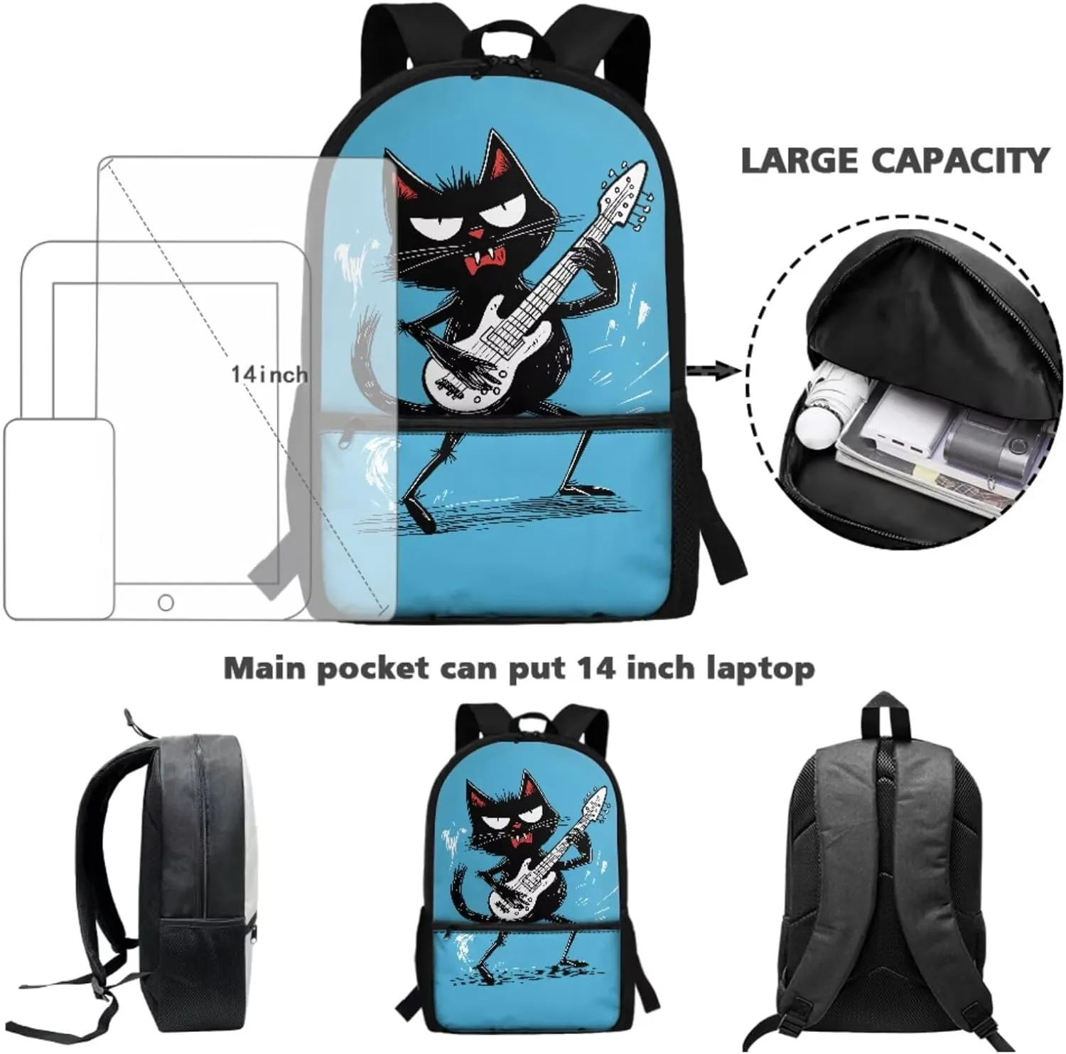 Xoenoiee Black Cat Guitar Pattern Backpack Set 3 Pieces Large Capacity Teen Boys 17in-School Backpack Lunch Bag Pencil Bag for Students Back to School