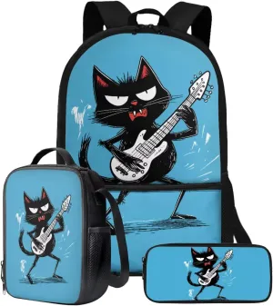 Xoenoiee Black Cat Guitar Pattern Backpack Set 3 Pieces Large Capacity Teen Boys 17in-School Backpack Lunch Bag Pencil Bag for Students Back to School