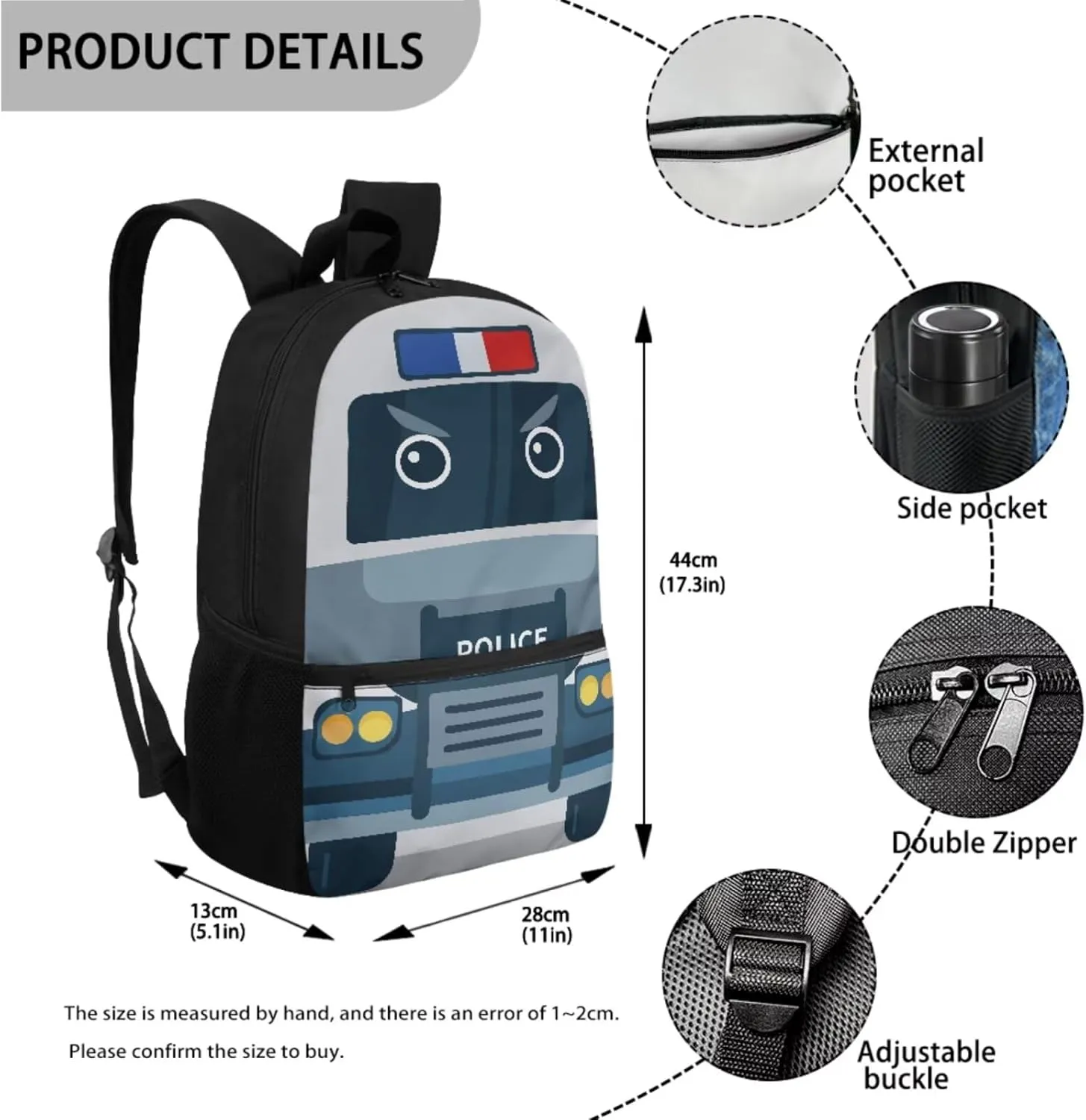 Xoenoiee Cartoon Police Car Print Kids Backpack Set for Boys Girls 17in School Backpack & Lunch Bag & Pencil Bag 3 in 1 Set for School Picnic Travel Daypack