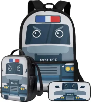 Xoenoiee Cartoon Police Car Print Kids Backpack Set for Boys Girls 17in School Backpack & Lunch Bag & Pencil Bag 3 in 1 Set for School Picnic Travel Daypack