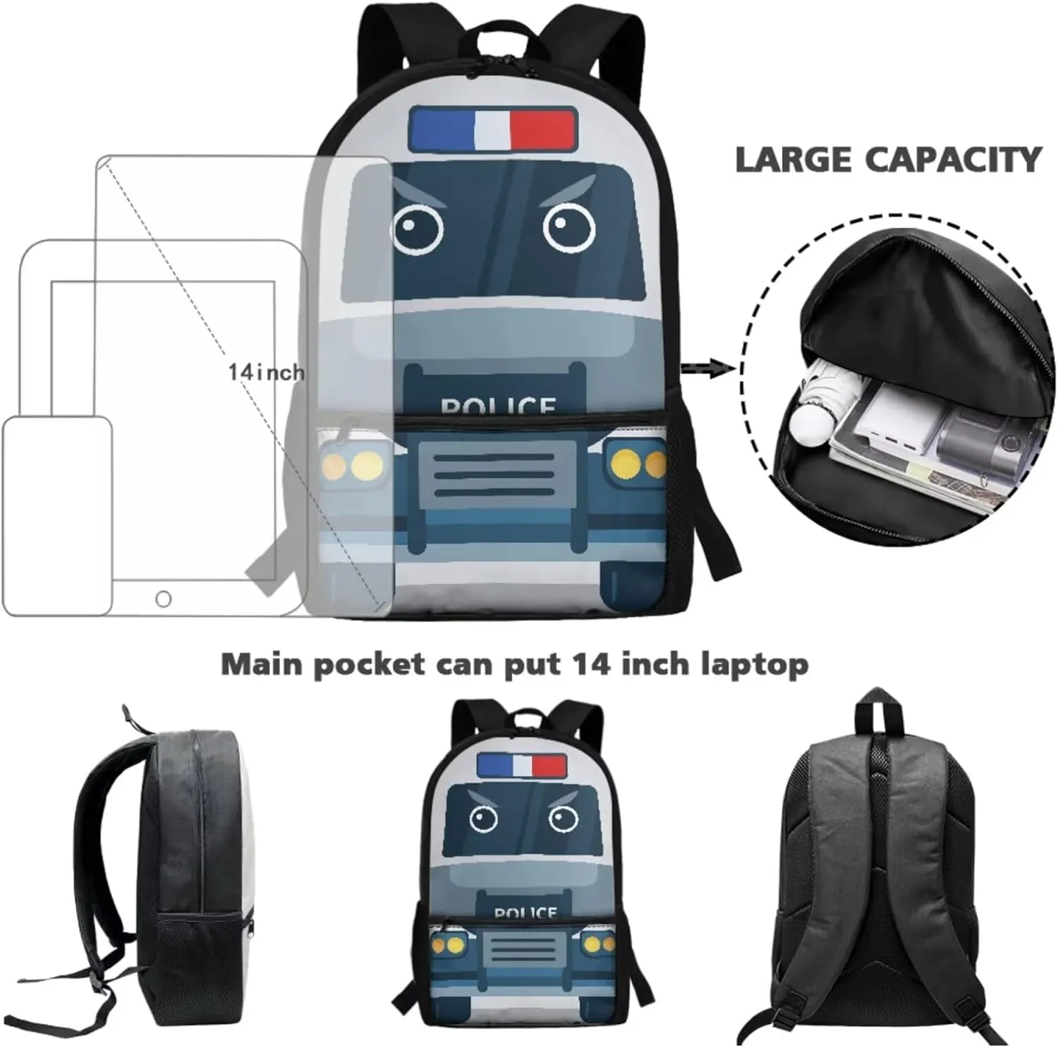 Xoenoiee Cartoon Police Car Print Kids Backpack Set for Boys Girls 17in School Backpack & Lunch Bag & Pencil Bag 3 in 1 Set for School Picnic Travel Daypack
