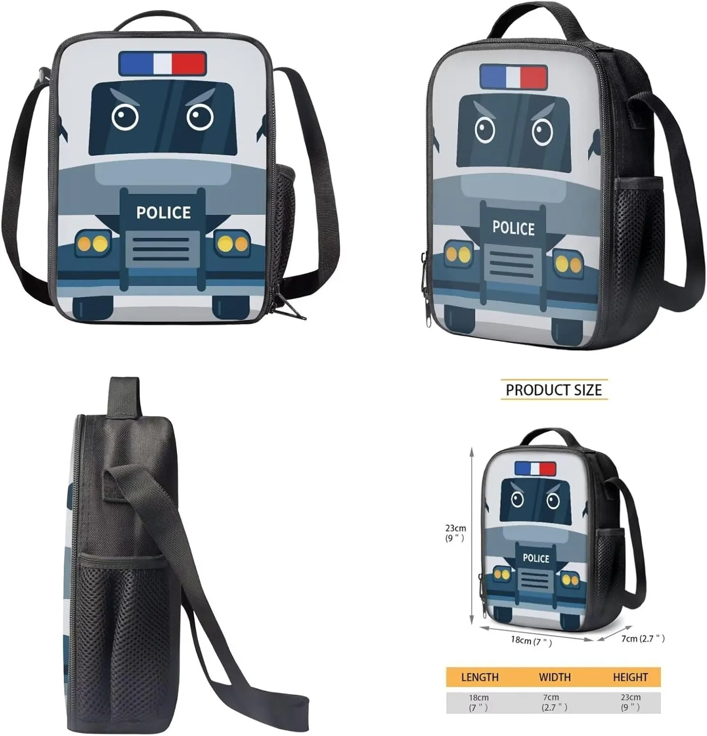 Xoenoiee Cartoon Police Car Print Kids Backpack Set for Boys Girls 17in School Backpack & Lunch Bag & Pencil Bag 3 in 1 Set for School Picnic Travel Daypack