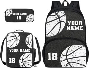 Xoenoiee Custom Basketball Pattern Backpack Set with 17in Backpack Lunch Bag & Pencil Case, Schoolbag Sets for Boy Girl Students for School Travel Picnic
