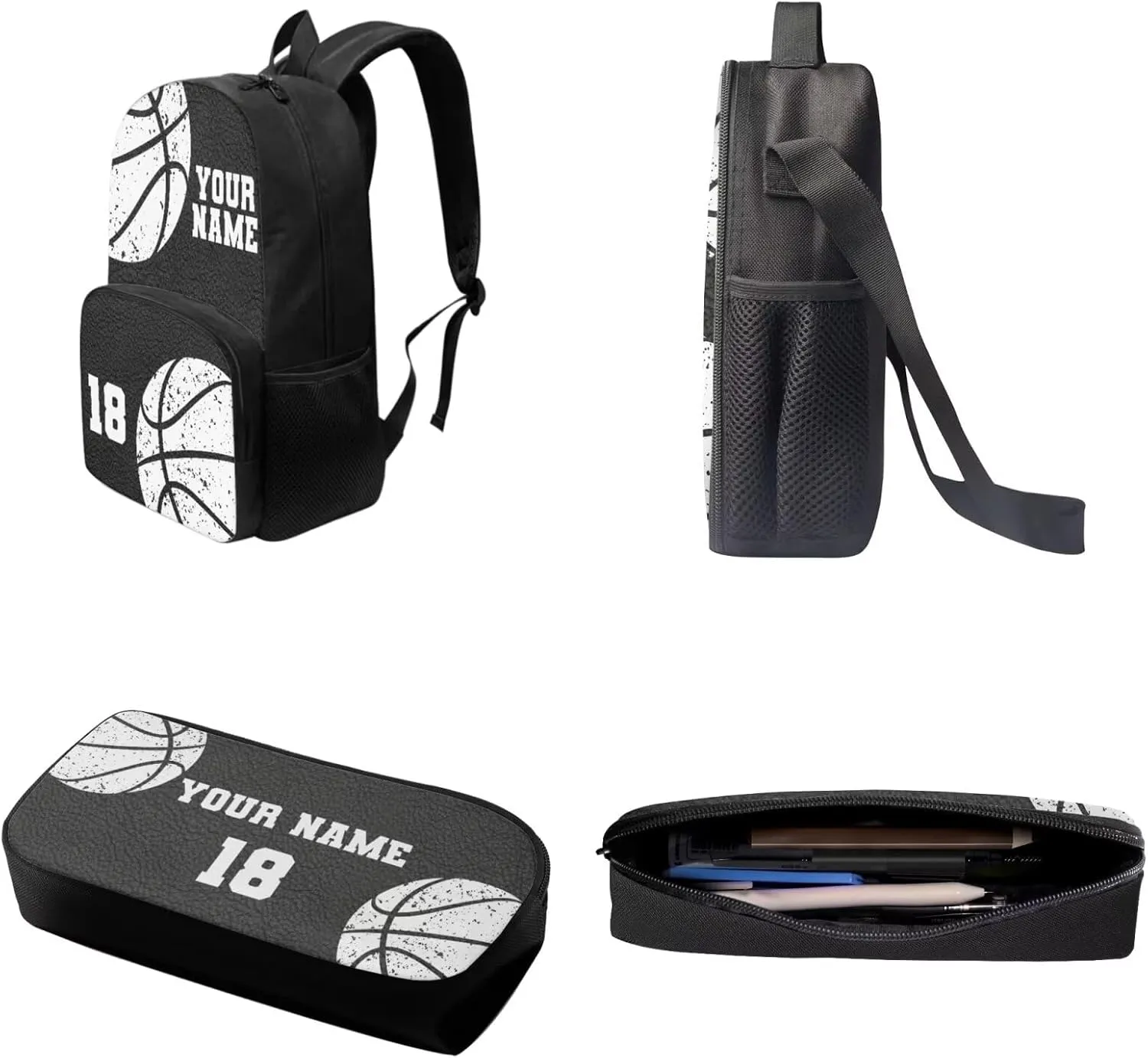 Xoenoiee Custom Basketball Pattern Backpack Set with 17in Backpack Lunch Bag & Pencil Case, Schoolbag Sets for Boy Girl Students for School Travel Picnic