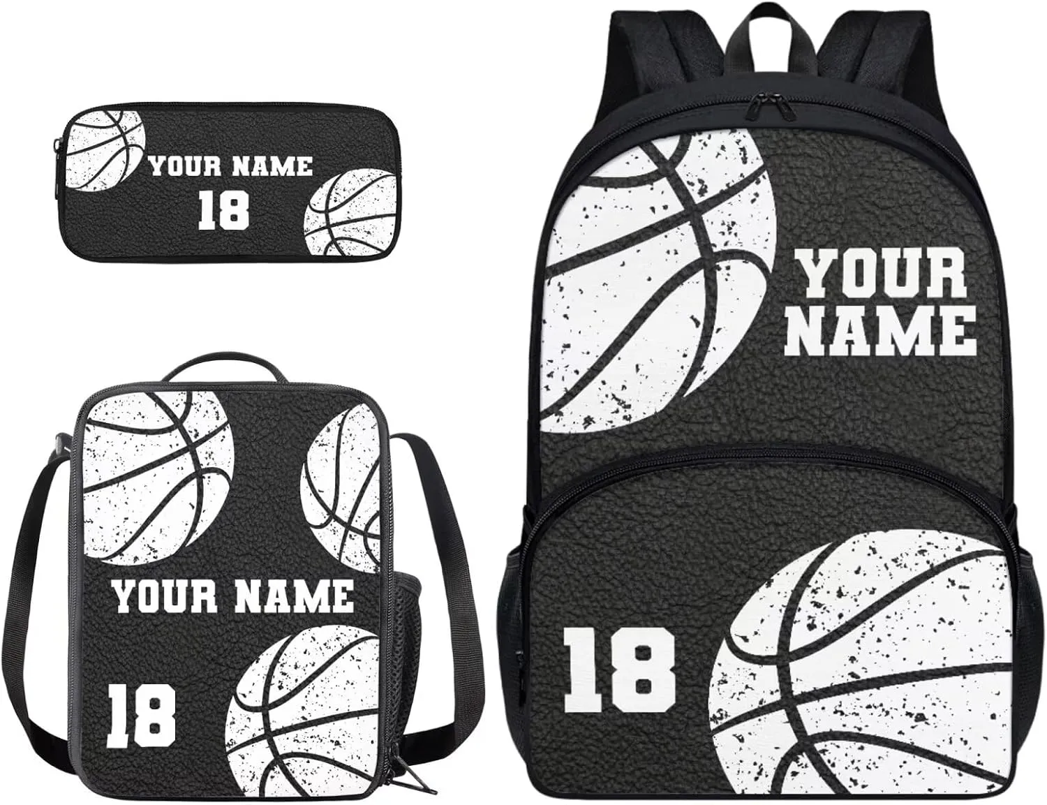 Xoenoiee Custom Basketball Pattern Backpack Set with 17in Backpack Lunch Bag & Pencil Case, Schoolbag Sets for Boy Girl Students for School Travel Picnic