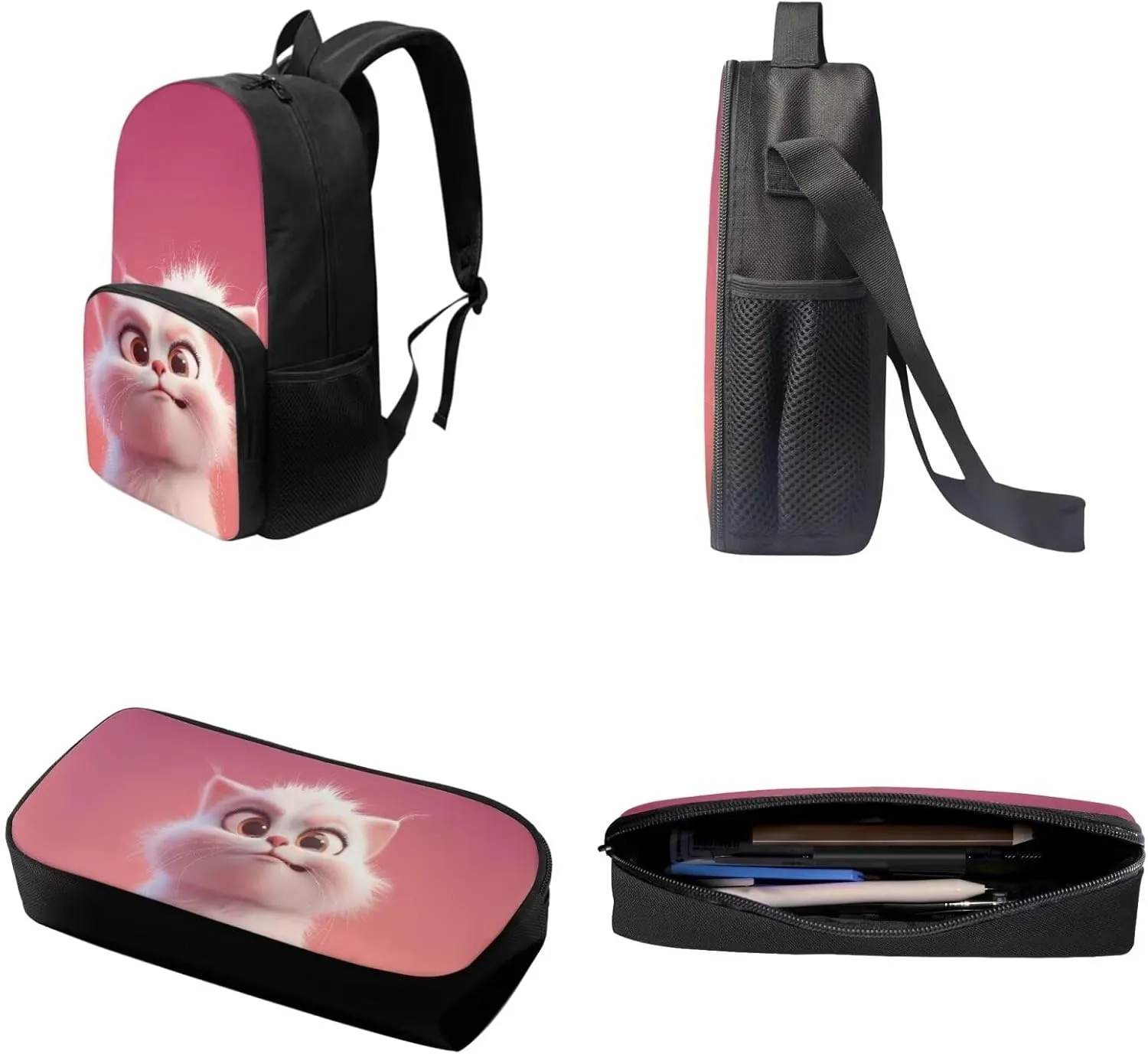 Xoenoiee Cute Cat Pink Pattern Kids Backpack Set for Boys Girls 17in School Backpack & Lunch Bag & Pencil Bag 3 in 1 Set for School Picnic Travel