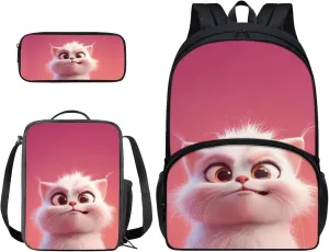 Xoenoiee Cute Cat Pink Pattern Kids Backpack Set for Boys Girls 17in School Backpack & Lunch Bag & Pencil Bag 3 in 1 Set for School Picnic Travel
