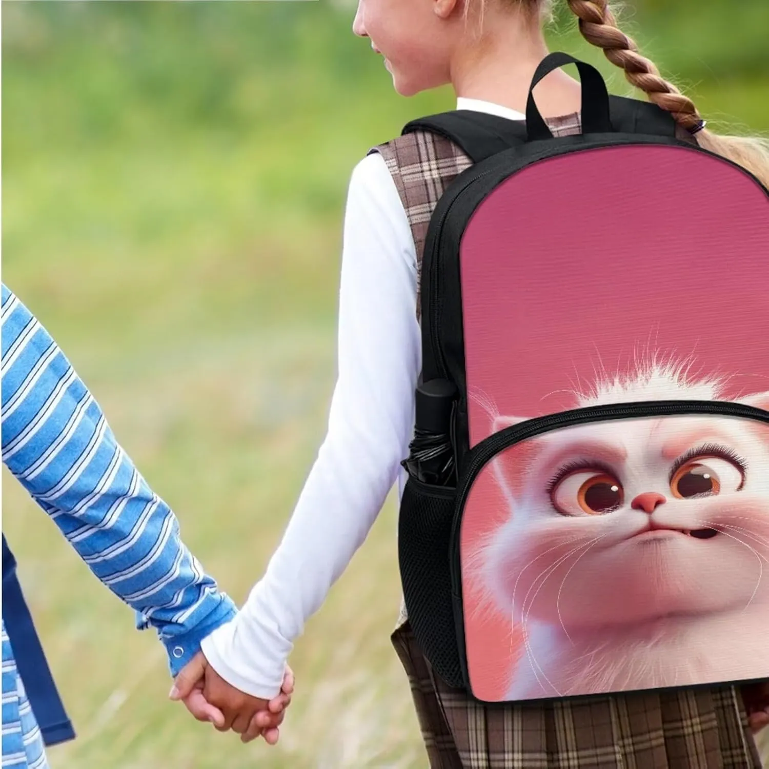 Xoenoiee Cute Cat Pink Pattern Kids Backpack Set for Boys Girls 17in School Backpack & Lunch Bag & Pencil Bag 3 in 1 Set for School Picnic Travel