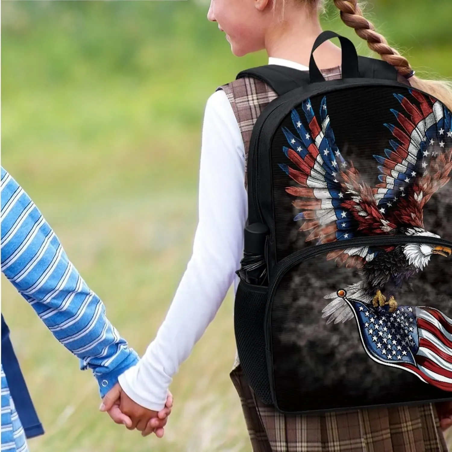 Xoenoiee Eagle and American Flag Print Kids Backpack Set for Boys Girls 17in School Backpack & Lunch Bag & Pencil Bag 3 in 1 Set for School Picnic Travel