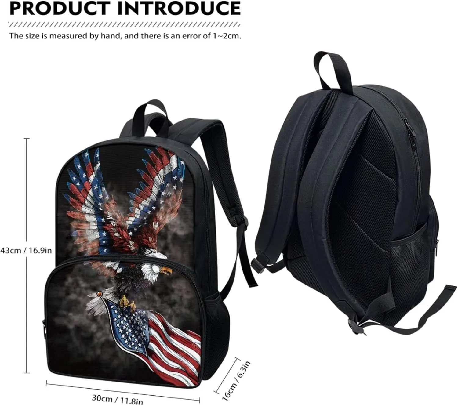 Xoenoiee Eagle and American Flag Print Kids Backpack Set for Boys Girls 17in School Backpack & Lunch Bag & Pencil Bag 3 in 1 Set for School Picnic Travel