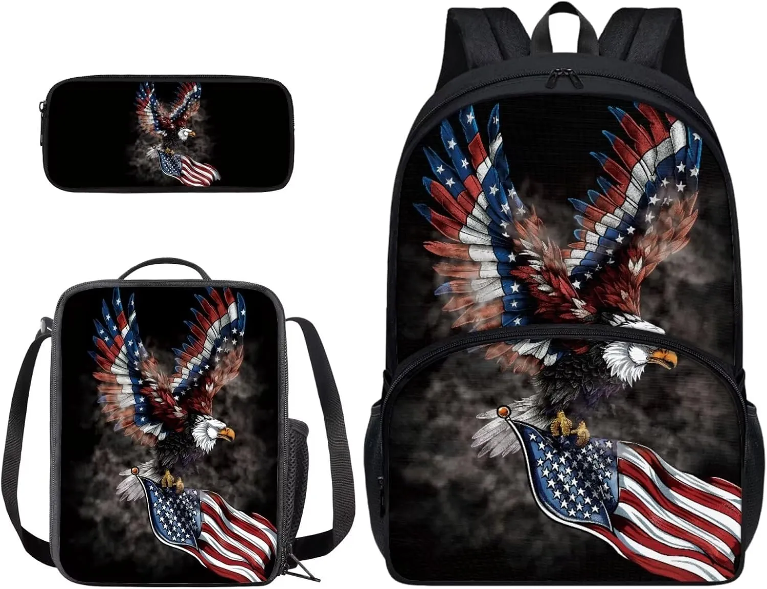Xoenoiee Eagle and American Flag Print Kids Backpack Set for Boys Girls 17in School Backpack & Lunch Bag & Pencil Bag 3 in 1 Set for School Picnic Travel