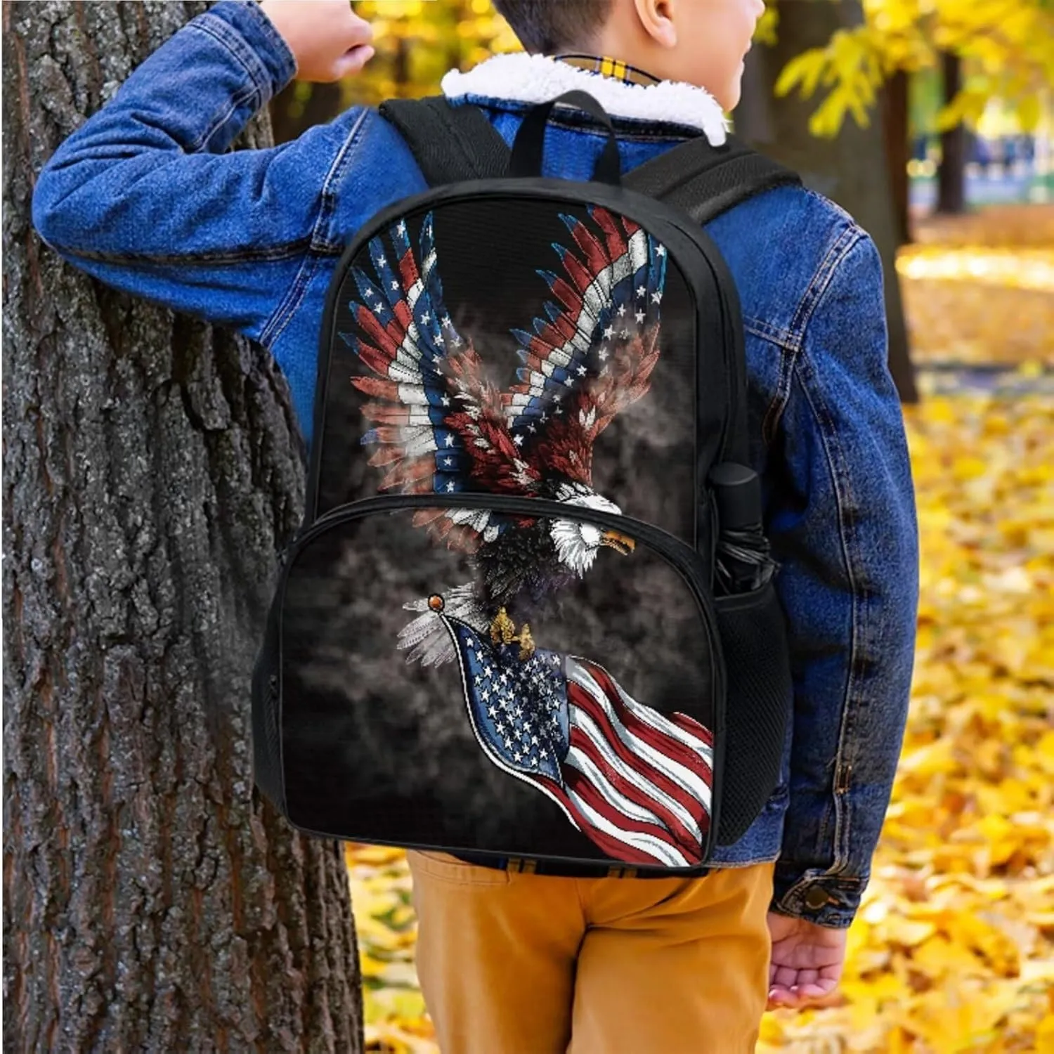 Xoenoiee Eagle and American Flag Print Kids Backpack Set for Boys Girls 17in School Backpack & Lunch Bag & Pencil Bag 3 in 1 Set for School Picnic Travel