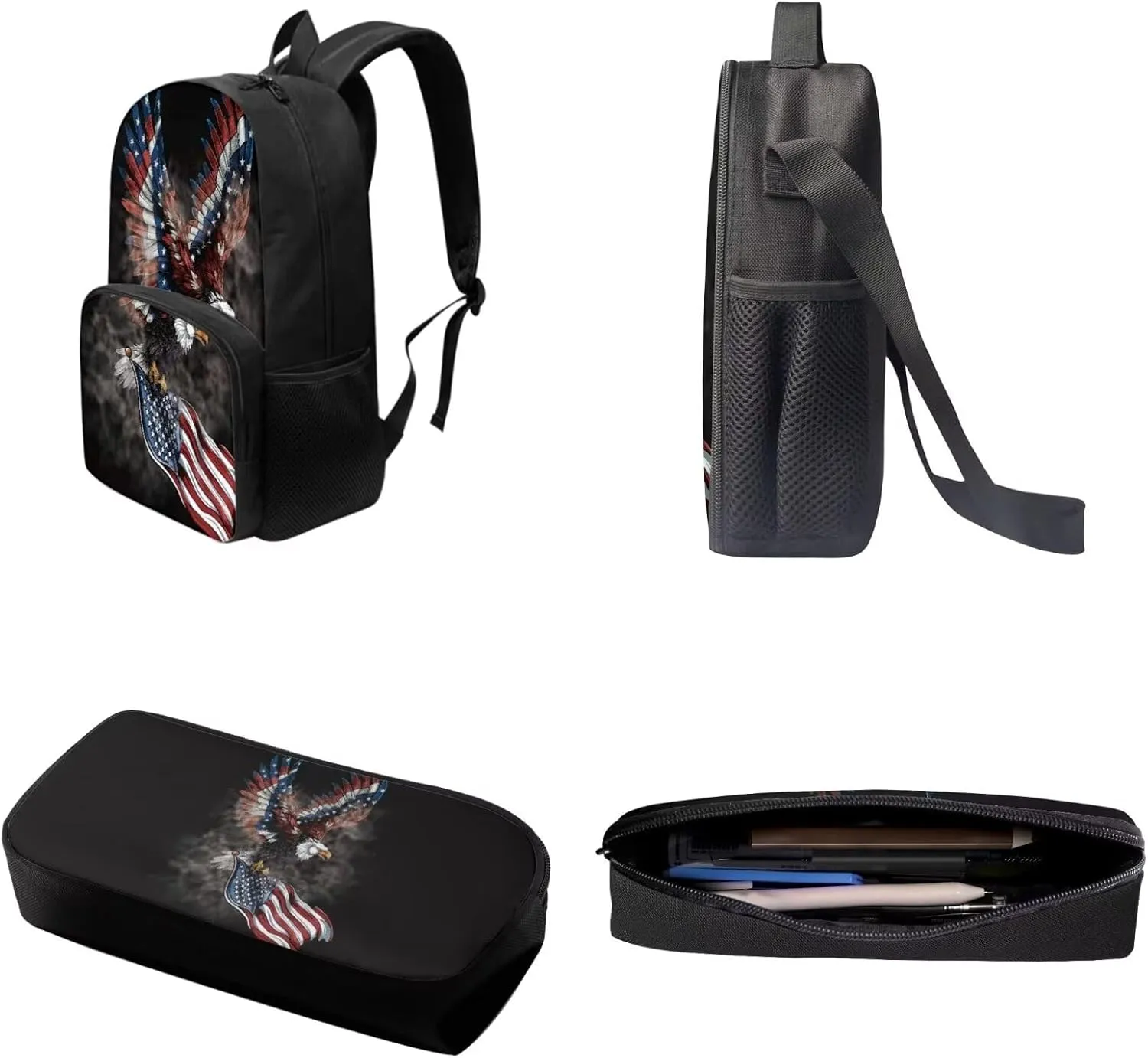 Xoenoiee Eagle and American Flag Print Kids Backpack Set for Boys Girls 17in School Backpack & Lunch Bag & Pencil Bag 3 in 1 Set for School Picnic Travel