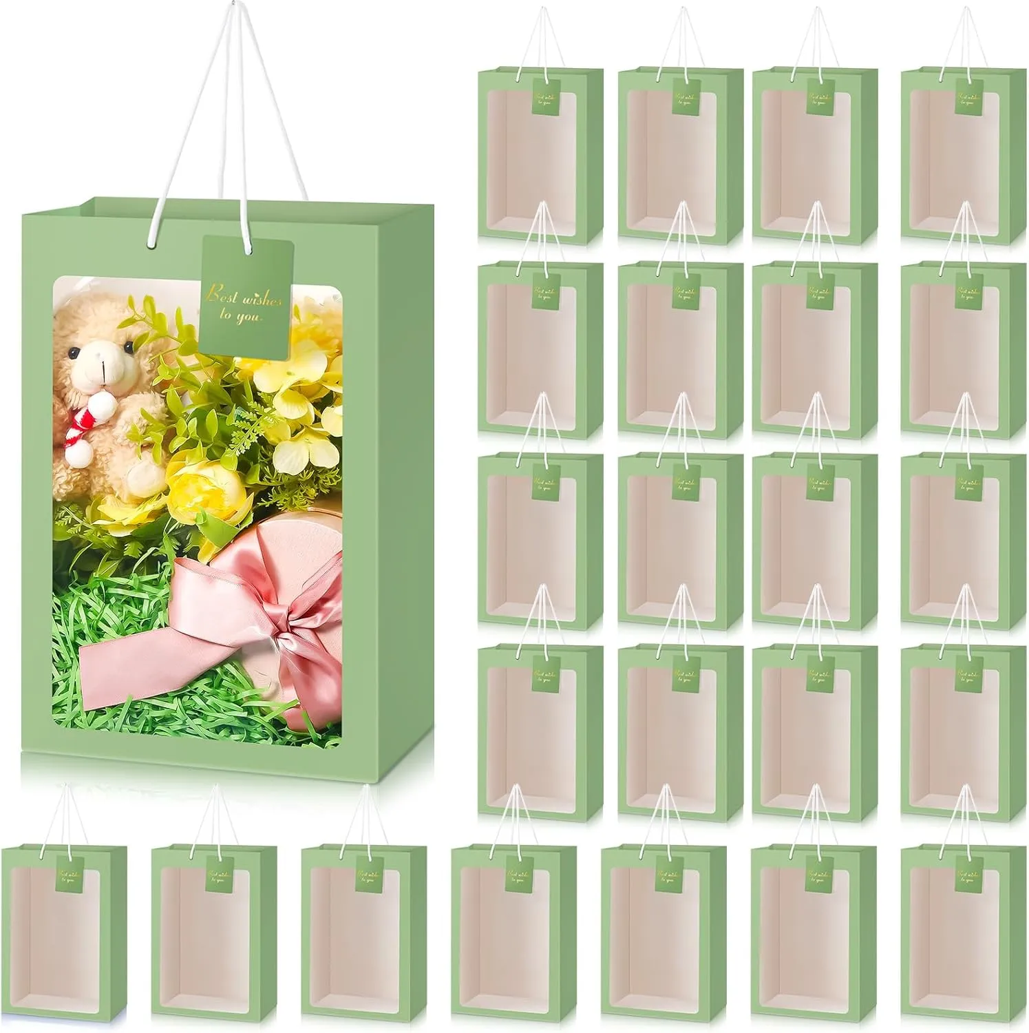 Yahenda 24 Pcs Graduation Clear Gift Bag with Window 13. 8 x 9. 8 x 5. 9" Large Transparent Paper Bouquet Totes Bags with Handle for Wedding Birthday(Sage Green)