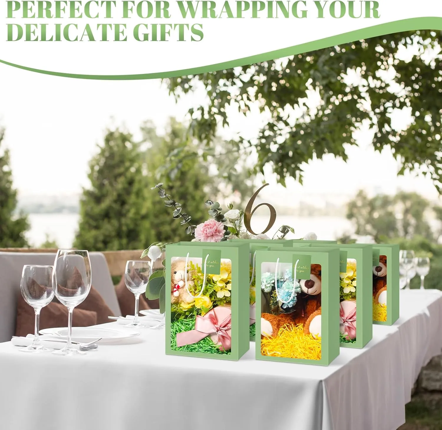Yahenda 24 Pcs Graduation Clear Gift Bag with Window 13. 8 x 9. 8 x 5. 9" Large Transparent Paper Bouquet Totes Bags with Handle for Wedding Birthday(Sage Green)