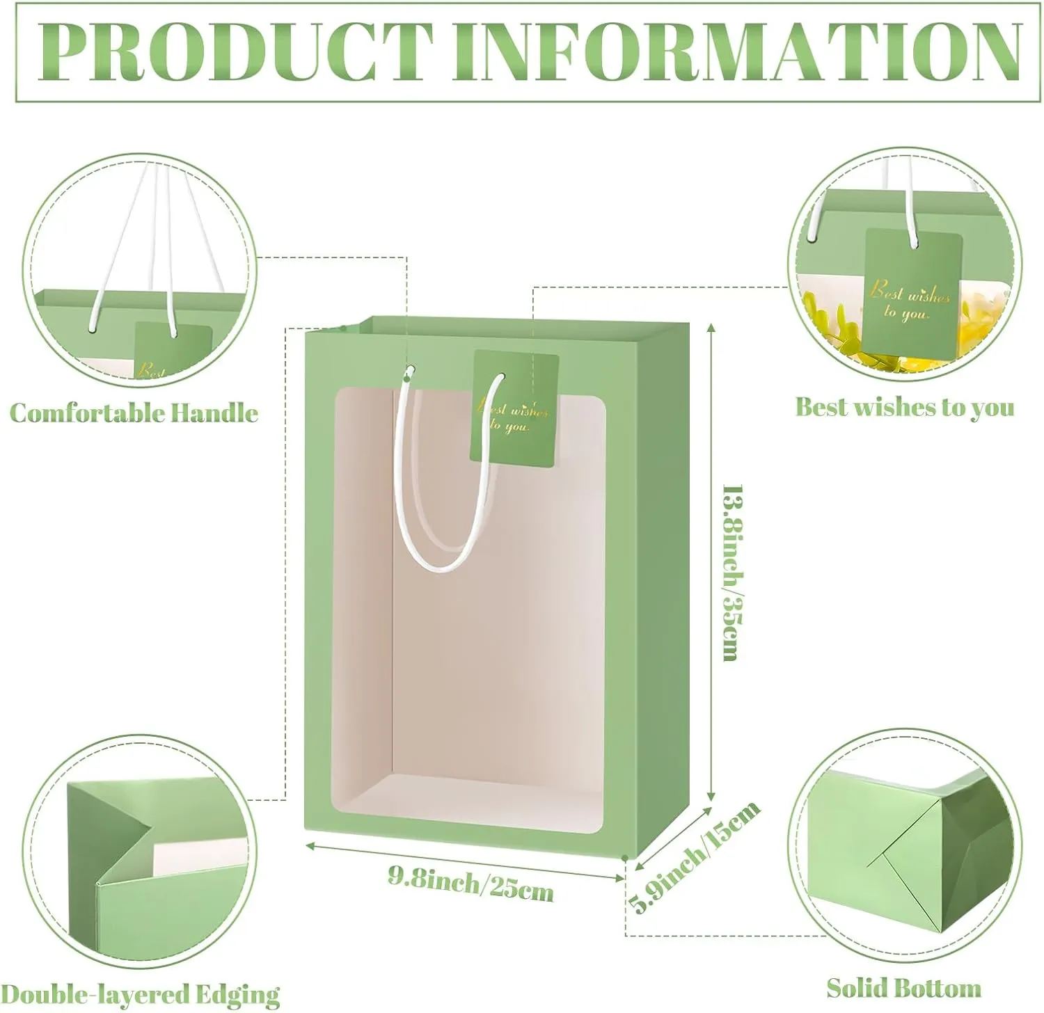 Yahenda 24 Pcs Graduation Clear Gift Bag with Window 13. 8 x 9. 8 x 5. 9" Large Transparent Paper Bouquet Totes Bags with Handle for Wedding Birthday(Sage Green)