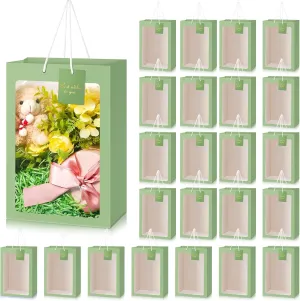 Yahenda 24 Pcs Graduation Clear Gift Bag with Window 13. 8 x 9. 8 x 5. 9" Large Transparent Paper Bouquet Totes Bags with Handle for Wedding Birthday(Sage Green)