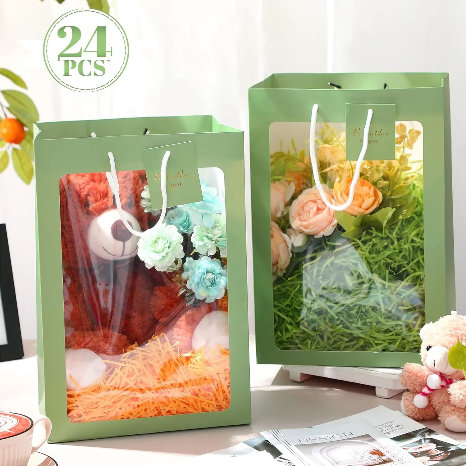 Yahenda 24 Pcs Graduation Clear Gift Bag with Window 13. 8 x 9. 8 x 5. 9" Large Transparent Paper Bouquet Totes Bags with Handle for Wedding Birthday(Sage Green)