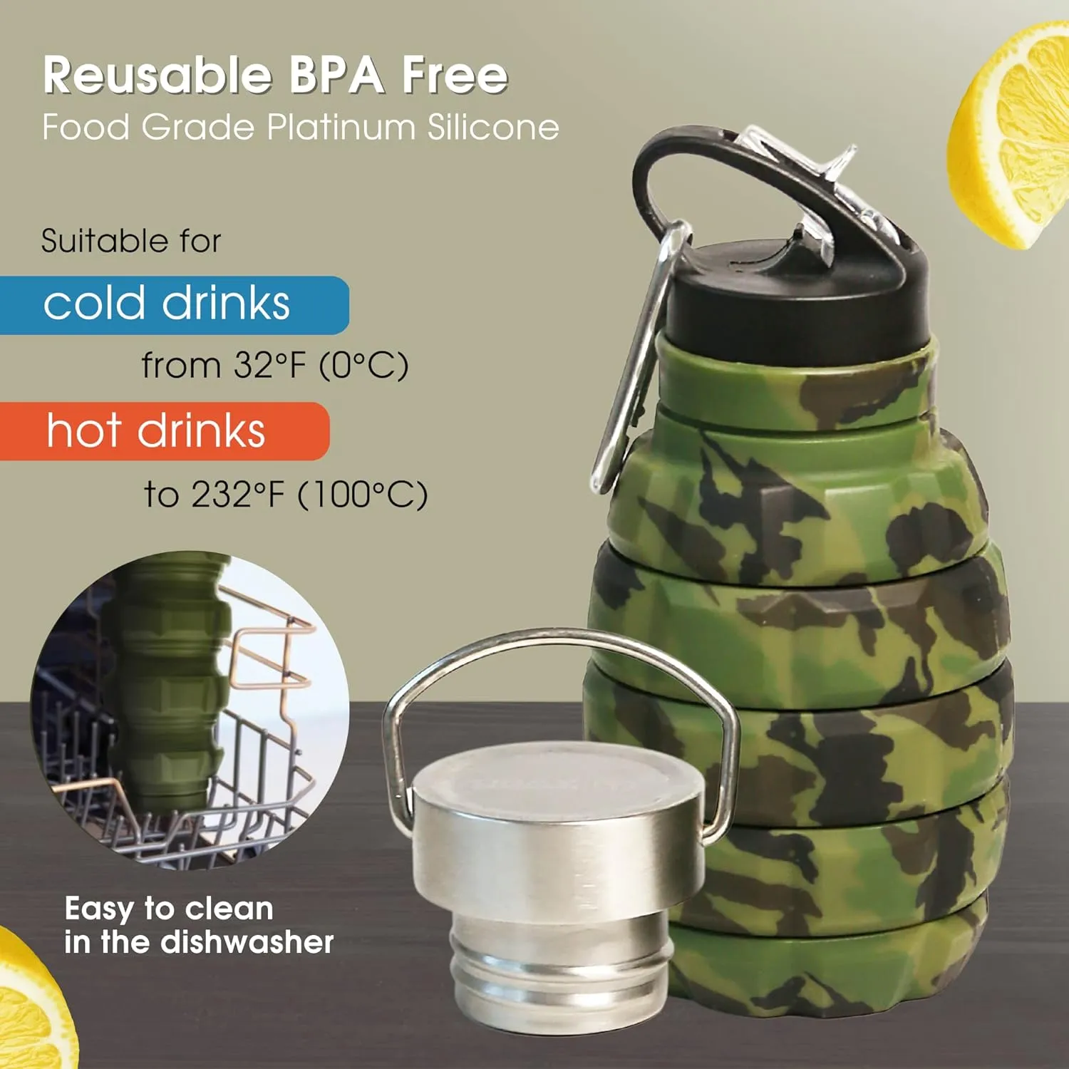 YARO Collapsible Water Bottle 19.6oz/580ml (Woodland Camo) - 2 Lids, Carabiner, Gift Box - Leak Proof Silicone Gym Water Bottles Army - Military Veterans Day Gifts for Him - Hiking Camping Accessories