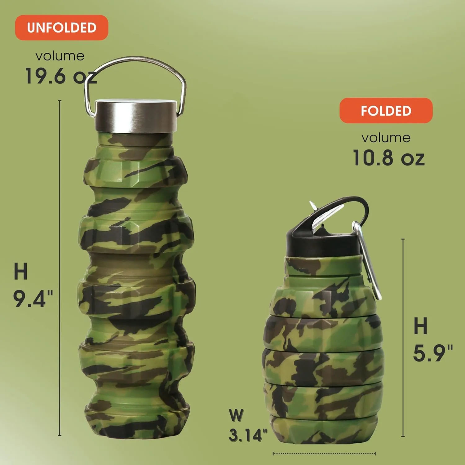 YARO Collapsible Water Bottle 19.6oz/580ml (Woodland Camo) - 2 Lids, Carabiner, Gift Box - Leak Proof Silicone Gym Water Bottles Army - Military Veterans Day Gifts for Him - Hiking Camping Accessories