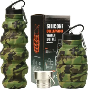 YARO Collapsible Water Bottle 19.6oz/580ml (Woodland Camo) - 2 Lids, Carabiner, Gift Box - Leak Proof Silicone Gym Water Bottles Army - Military Veterans Day Gifts for Him - Hiking Camping Accessories