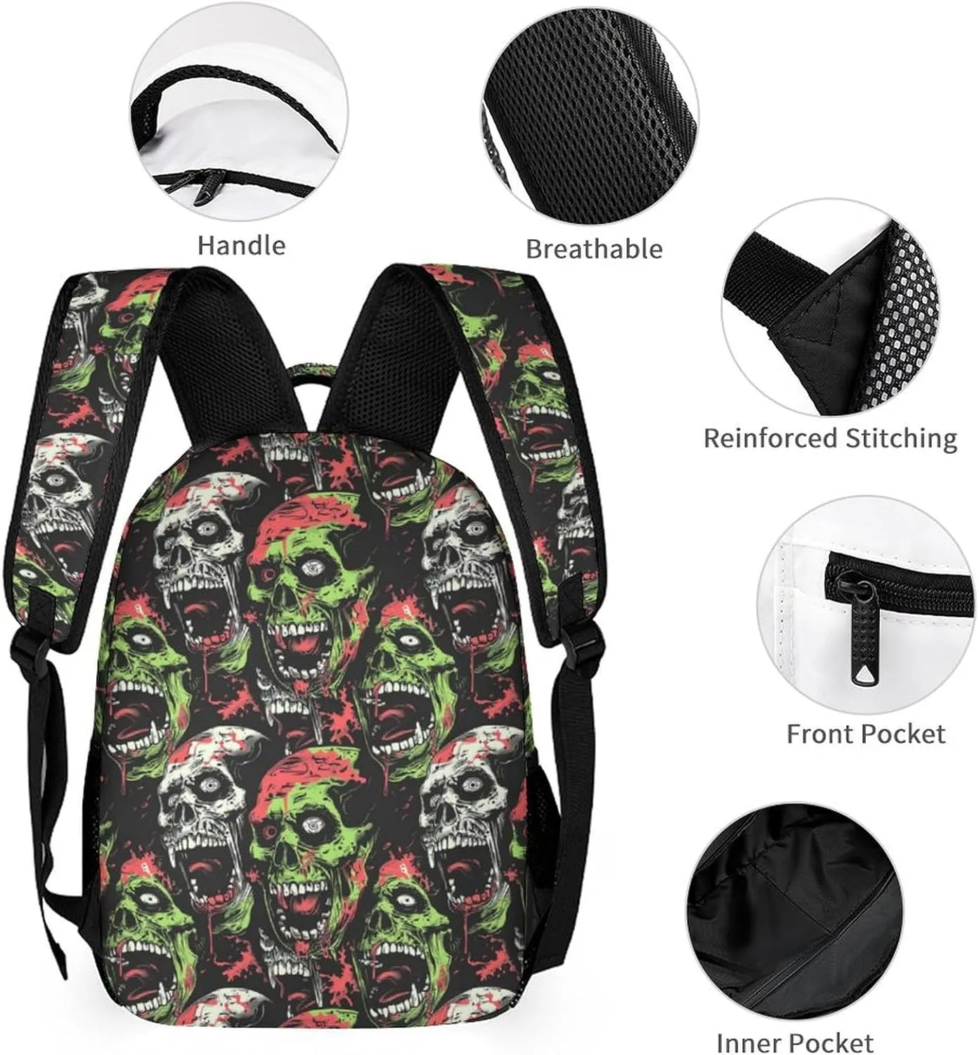 Zombie Backpack with Lunch Box & Pencil Case, 16 Inch Scary Zombies Themed Bookbag, Adjustable Lightweight Large Capacity, Colorful Haunted Horror Backpack Set with Lunch Bag