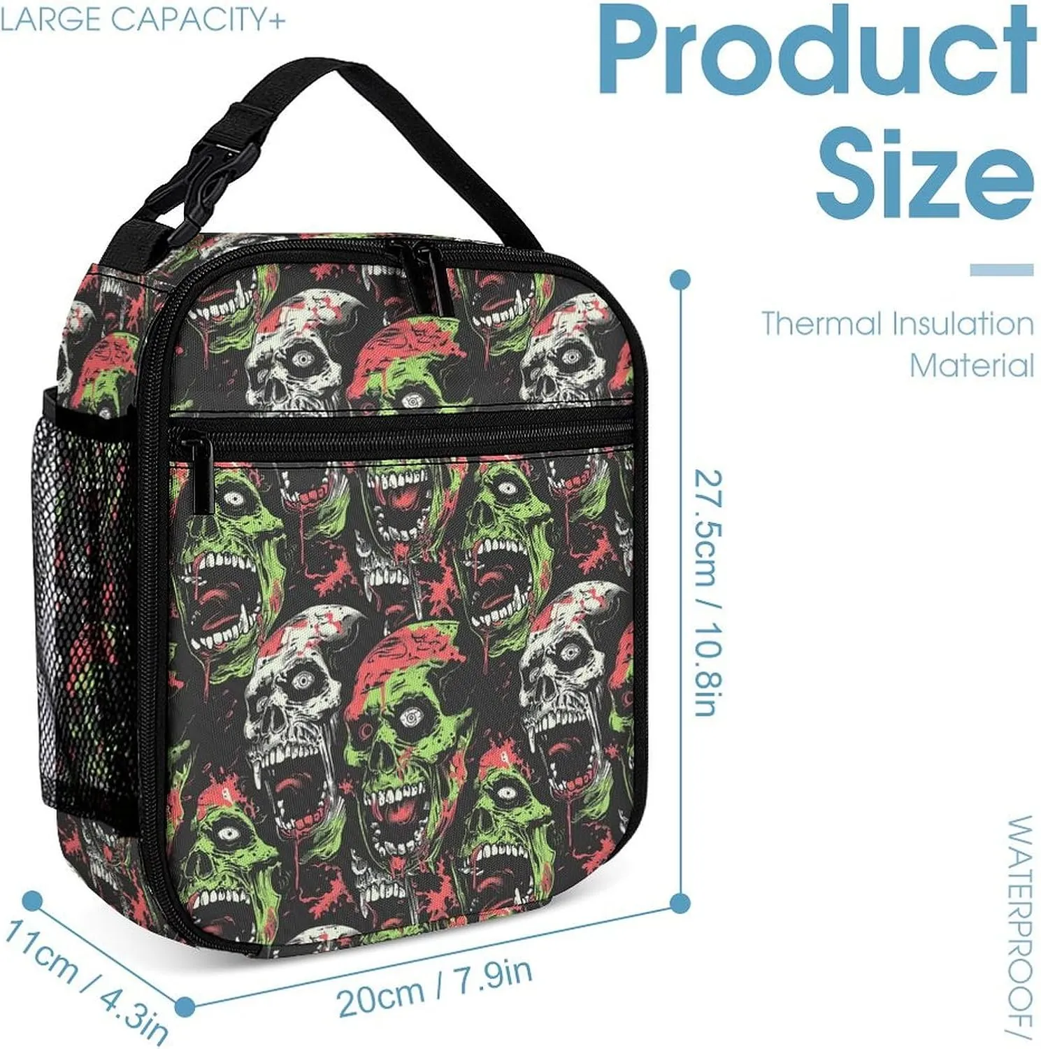 Zombie Backpack with Lunch Box & Pencil Case, 16 Inch Scary Zombies Themed Bookbag, Adjustable Lightweight Large Capacity, Colorful Haunted Horror Backpack Set with Lunch Bag
