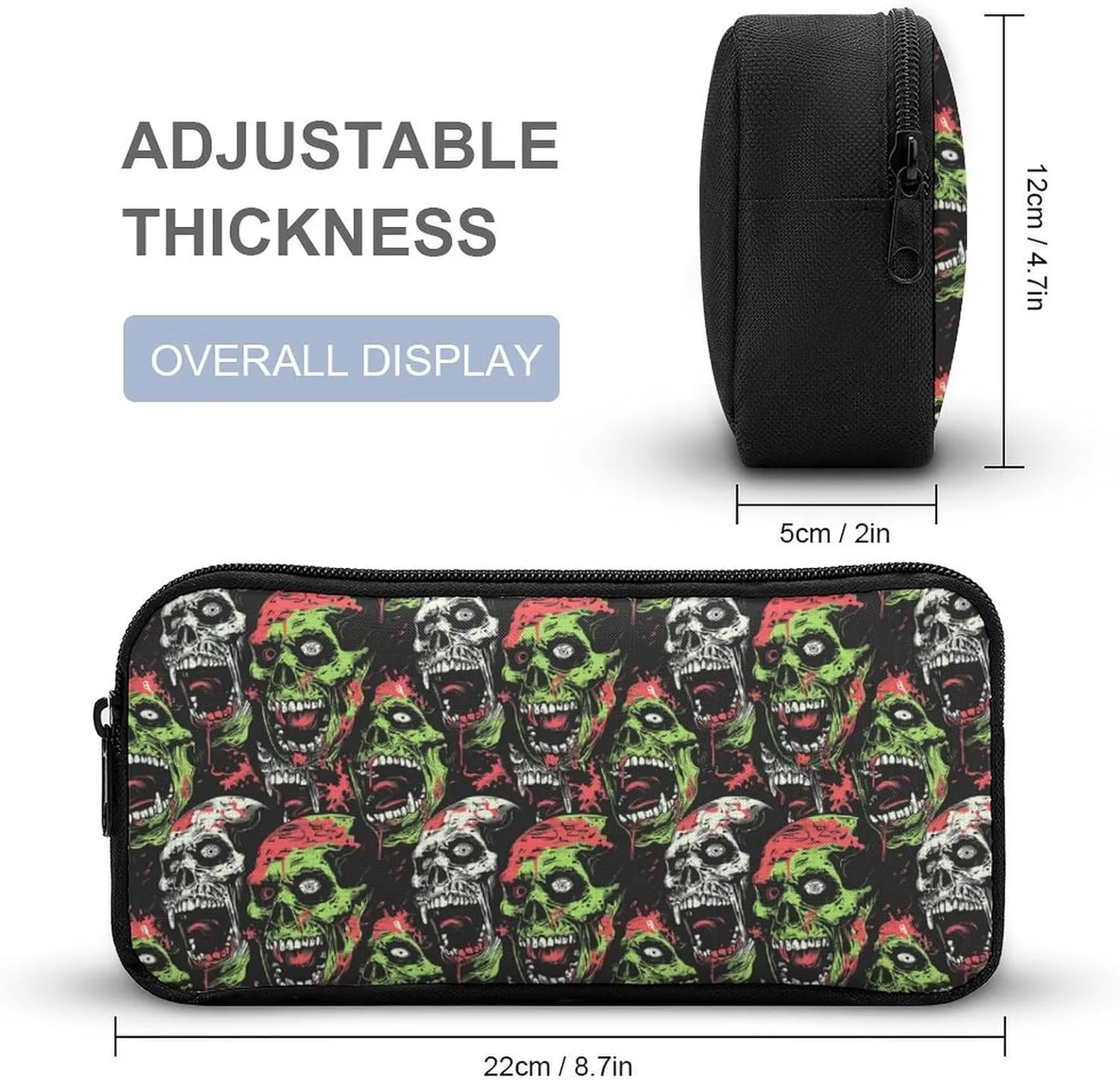 Zombie Backpack with Lunch Box & Pencil Case, 16 Inch Scary Zombies Themed Bookbag, Adjustable Lightweight Large Capacity, Colorful Haunted Horror Backpack Set with Lunch Bag