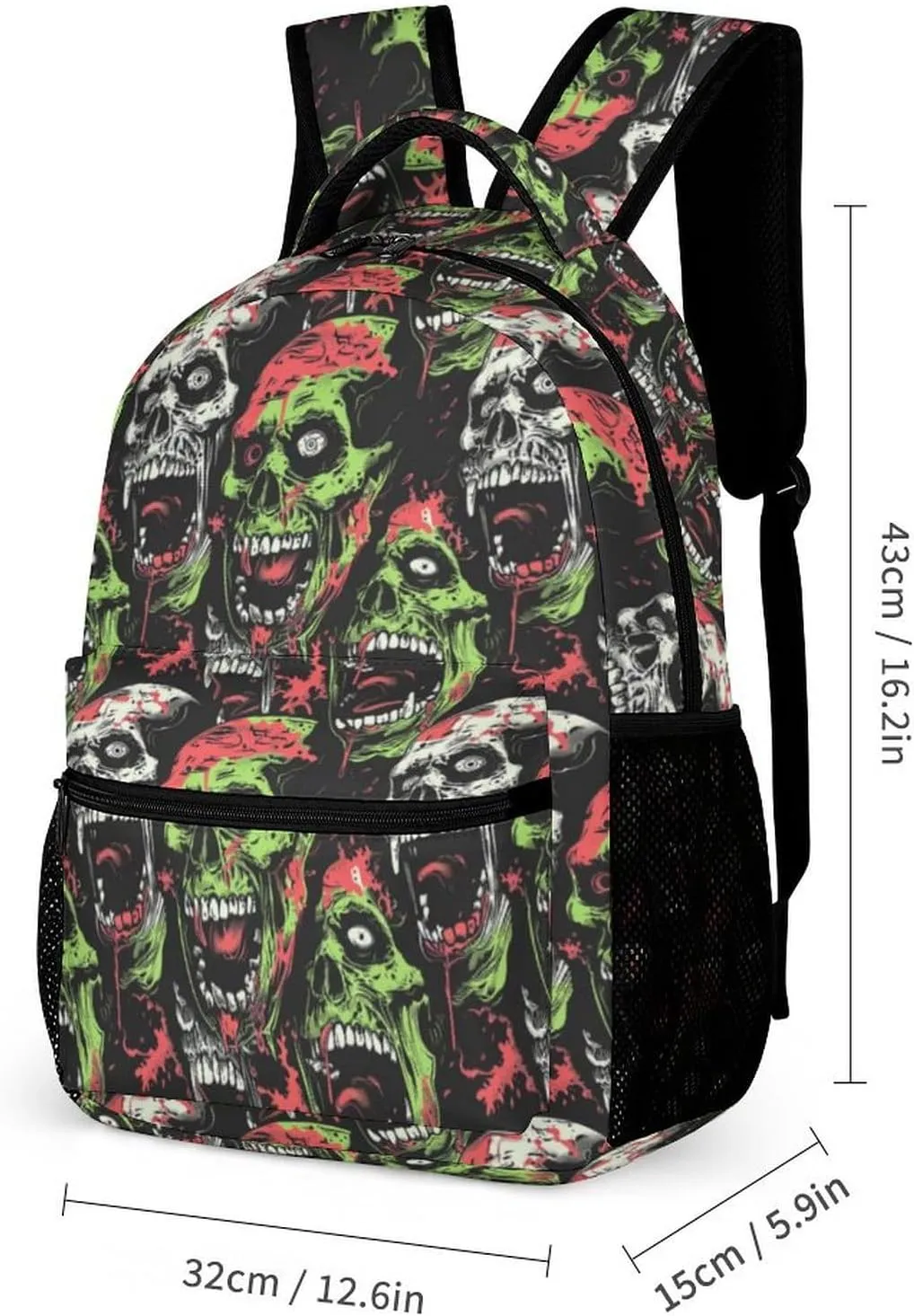 Zombie Backpack with Lunch Box & Pencil Case, 16 Inch Scary Zombies Themed Bookbag, Adjustable Lightweight Large Capacity, Colorful Haunted Horror Backpack Set with Lunch Bag