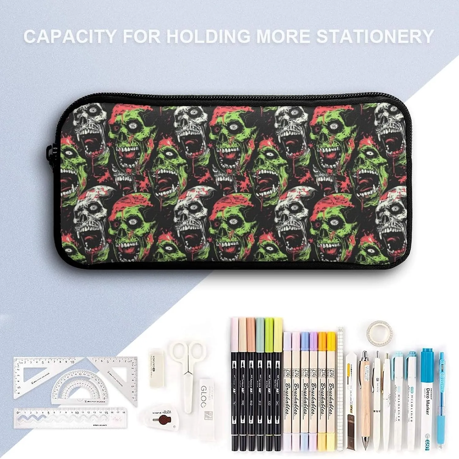 Zombie Backpack with Lunch Box & Pencil Case, 16 Inch Scary Zombies Themed Bookbag, Adjustable Lightweight Large Capacity, Colorful Haunted Horror Backpack Set with Lunch Bag