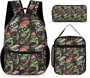 Zombie Backpack with Lunch Box & Pencil Case, 16 Inch Scary Zombies Themed Bookbag, Adjustable Lightweight Large Capacity, Colorful Haunted Horror Backpack Set with Lunch Bag