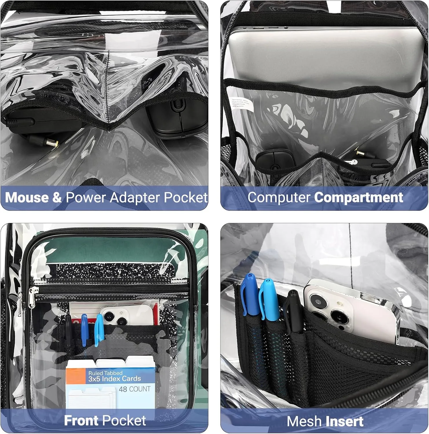 ZORFIN Clear Backpack for School: Large Clear Bookbag with Padded Straps - Heavy Duty PVC Transparent Backpack Black R