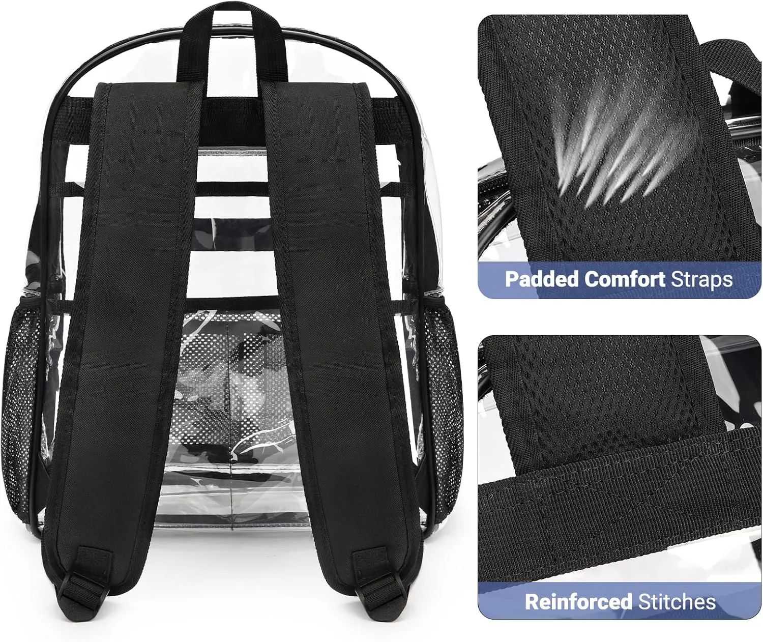 ZORFIN Clear Backpack for School: Large Clear Bookbag with Padded Straps - Heavy Duty PVC Transparent Backpack Black R