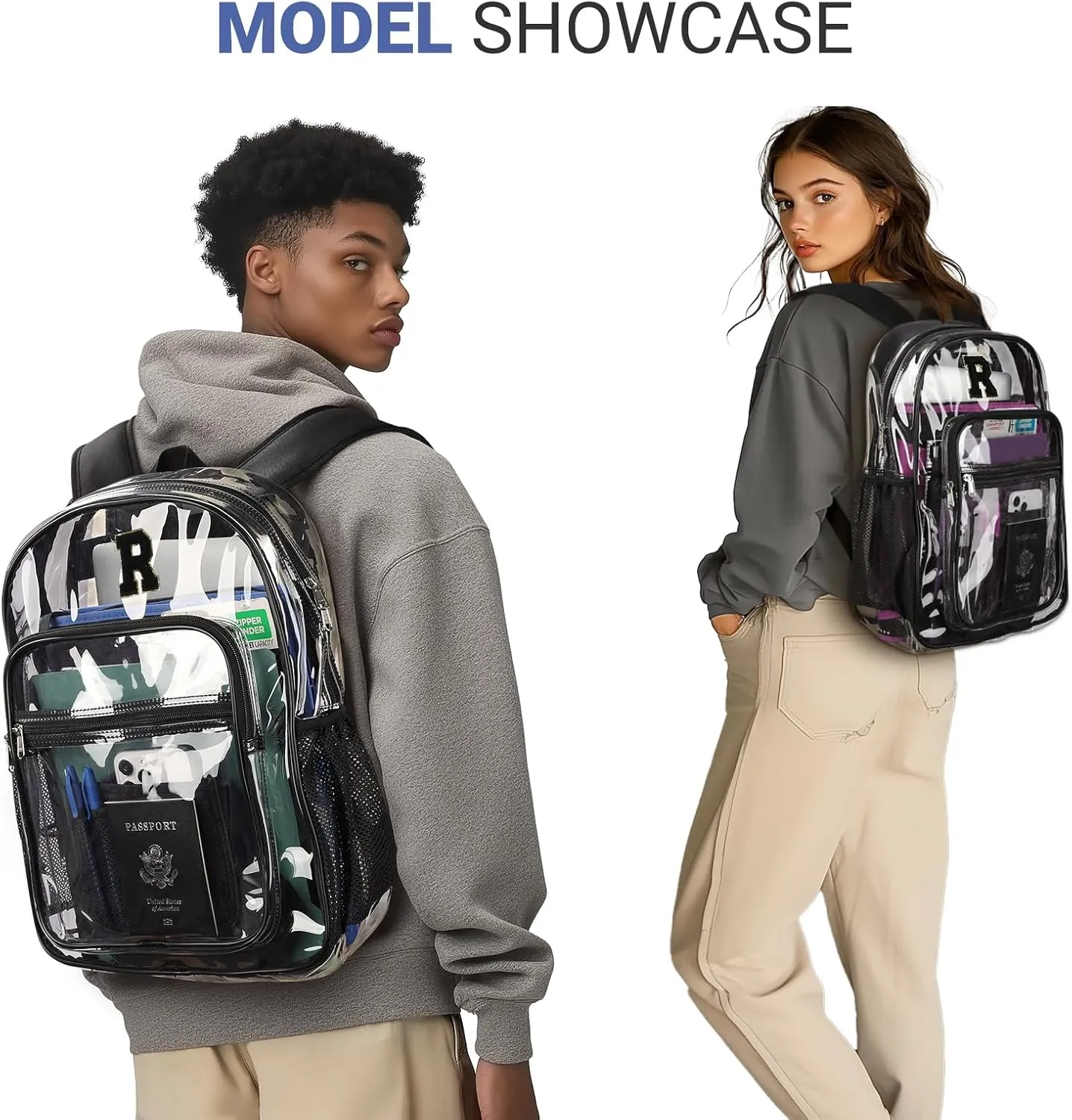 ZORFIN Clear Backpack for School: Large Clear Bookbag with Padded Straps - Heavy Duty PVC Transparent Backpack Black R