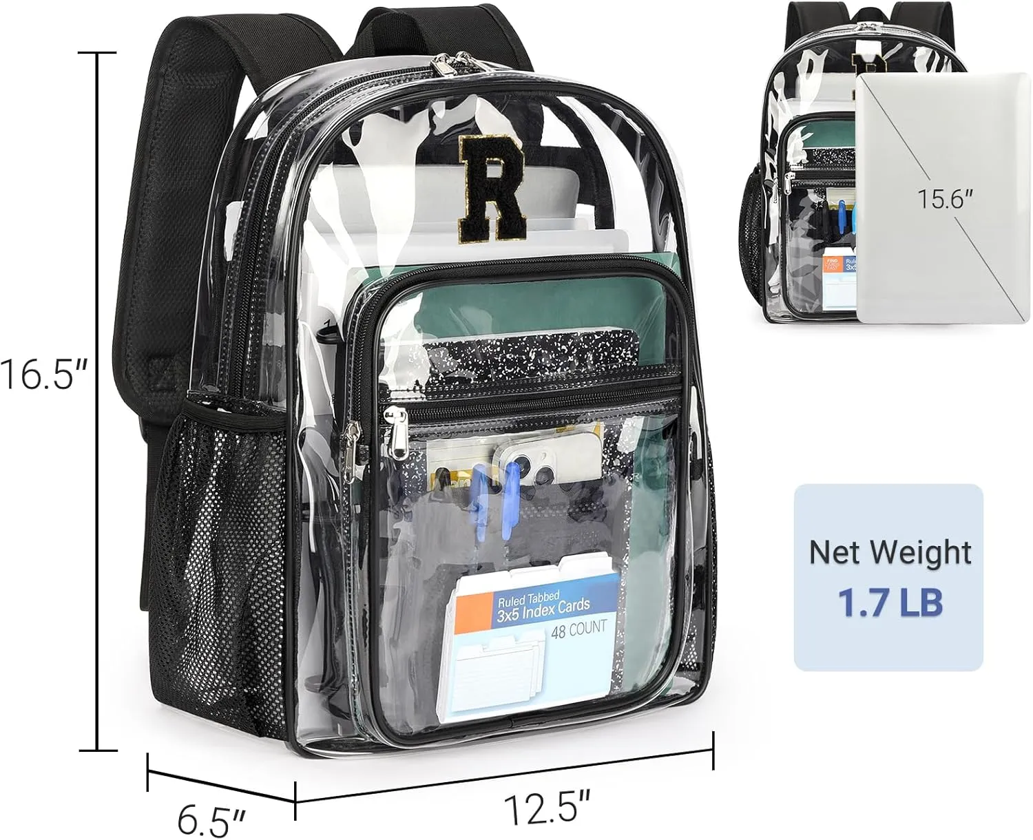 ZORFIN Clear Backpack for School: Large Clear Bookbag with Padded Straps - Heavy Duty PVC Transparent Backpack Black R