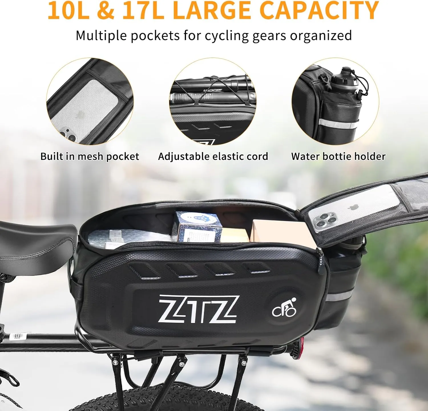 ZTZ 2025 Upgraded Biking Universal Bike Bags - 10L/17L Hard Shell Bike Bag with Perfect Size and Made of 100% PU & EVA, Bike Rack Bag with Reflector, Hand Strap for Commuter Travel Outdoor